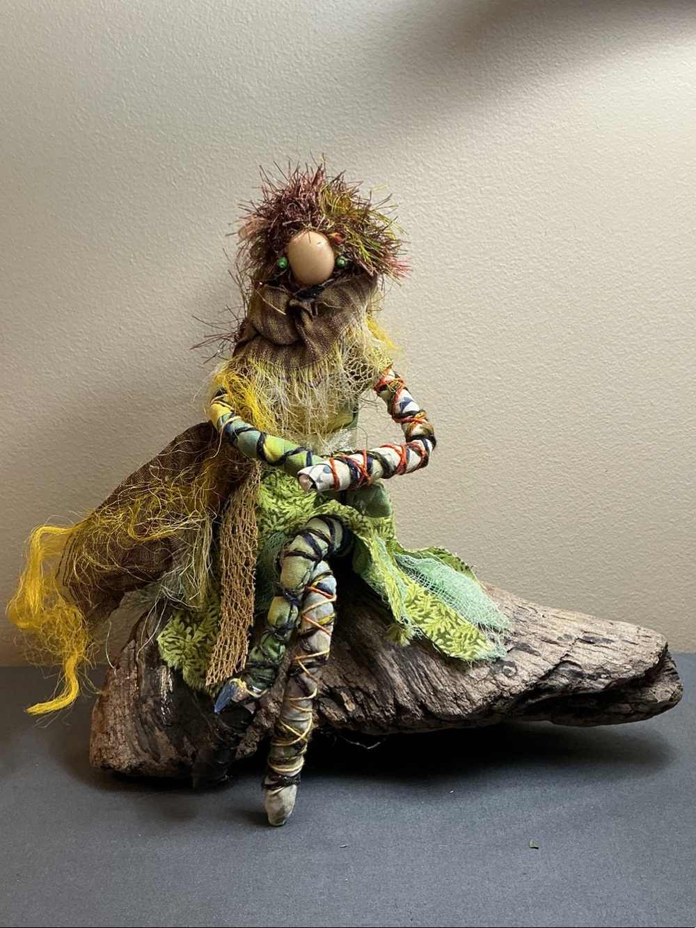 Handmade Mixed Media Folk Art Doll on Driftwood Woodland Figure